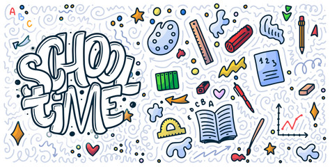 Welcome back to school lettering quote and doodle background. Template for sale tag. Hand drawn badge. Education concept. Typography emblem.