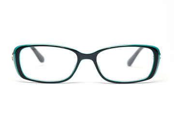 Plastic elegance glasses frame rim black and green color on white background close up