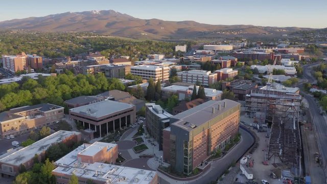 Aerial Over Nevada University Skyline At Sunrise. Reno, Nevada, USA. 11 May 2019