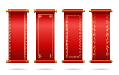 Chinese red scrolls festive.  Set of different scrolls with space for text. Template design Chinese new year, calendar, invitation, booklet, traditional festive decoration. Isolation. Vector  - 278458096