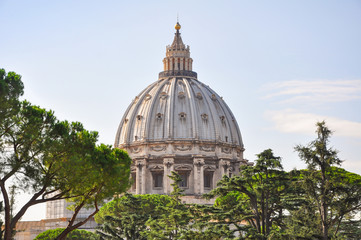 Fototapeta na wymiar Architecture of Vatican dome with surrounding trees against blue sky