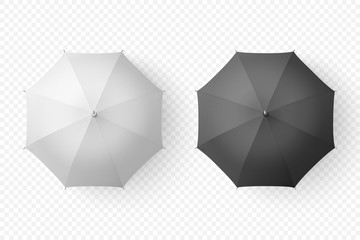 Vector 3d Realistic Render White and Black Blank Umbrella Icon Set Closeup Isolated on Transparent Background. Design Template of Opened Parasols for Mock-up, Branding, Advertise etc. Top View © gomolach