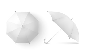 Vector 3d Realistic Render White Blank Umbrella Icon Set Closeup Isolated on White Background. Design Template of Opened Parasols for Mock-up, Branding, Advertise etc. Top and Front View