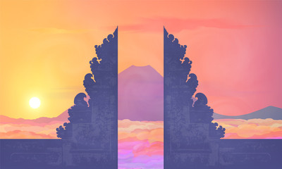 Colorful sunset view to mountain Agung from Balinese temple Pura Lempuyang, vector illustration of Bali island traveling