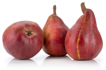 Group of three whole fresh dark red pear anjou with a streak isolated on white background