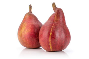Group of two whole fresh dark red pear anjou with a streak isolated on white background