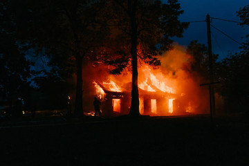 fire in a wooden house. real arson building.