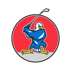 Illustration of a blue American bald eagle golfer with golf club teeing off set inside circle on isolated background done in cartoon style.