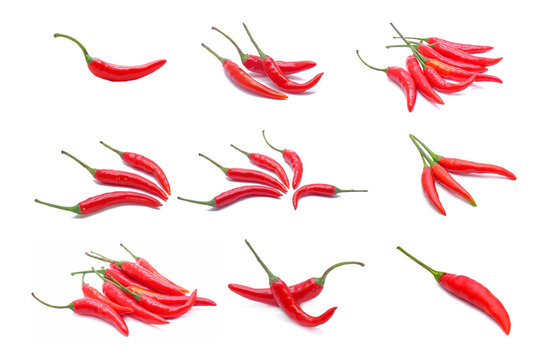 set of red hot chili peppers isolated on white