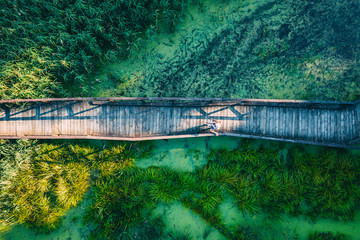 Aerial top view of woman traveller on wooden bridge pathway over marshy river with vegetation thickets, summer travel concept