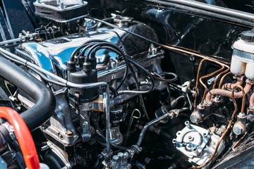 Fototapeta na wymiar Tuned old classic car engine, sport auto vehicle motor, close up
