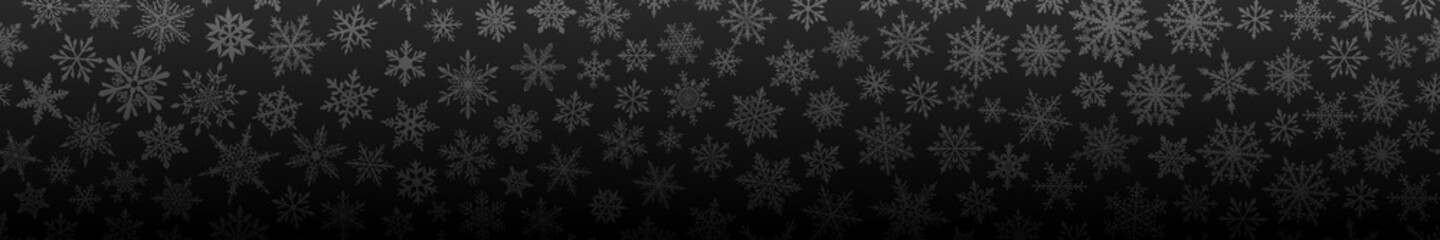 Fototapeta na wymiar Christmas banner of many complex small snowflakes in black and gray colors. With horizontal repetition