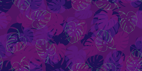 Neon colored tropical foliage seamless vector pattern background. Exotic wallpaper