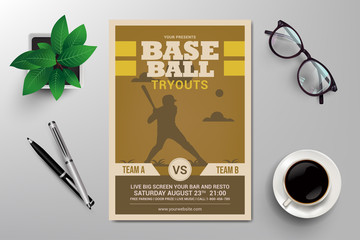 baseball tryouts flyer template vector