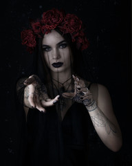 Gothic style woman portrait in black. Halloween black dark witch