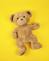 brown teddy bear on a yellow background