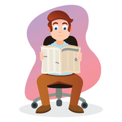 Illustration of young man reading a newspaper in the office