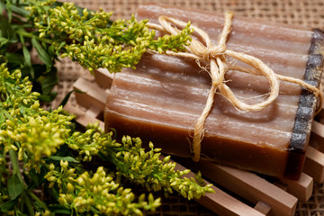 Fresh Aster Solidago Flowers, Wooden Soap Holder and handmade Frankincense & Myrrh Goat's Milk Bar...