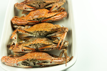 Closeup mouth-watering steamed crabs delicious Thai seafood dish in white background.