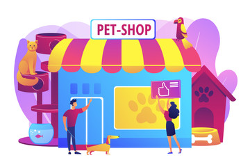 Pet store, dog care. Animal products. People shopping for their pets. Animals shop, best animals supplies, pet goods e-shop concept. Bright vibrant violet vector isolated illustration