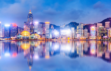 Fototapeta premium Nightscape and Skyline of Urban Architecture in Hong Kong..