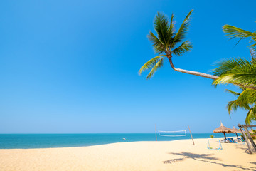 Beautiful tranquil scenery of tropical landscape sea view and palm tree on sand beach. Travel inspirational, Summer holiday and vacation concept for tourism relaxing.