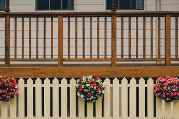  Brown balcony and cream fence Potted flower in front