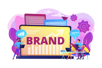 Marketing and promotional campaign. Brand awareness building. Branded workshop. workshop organized by brand, useful marketing event concept. Bright vibrant violet vector isolated illustration