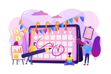 Colleagues preparing for corporate party. Time management, deadline. Brand event. Event brand management, sponsored event organization concept. Bright vibrant violet vector isolated illustration