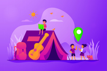 Children camping holiday. Landscape tourism, outdoor recreation, hiking. Tent on nature. Summer camp, sleepaway camp, kids vacation time concept. Vector isolated concept creative illustration