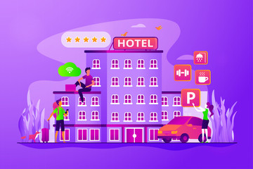 Naklejka premium Hotel ranking. Vacation package. Tourist accommodation. Hotel facilities. All-inclusive hotel, luxury hospitality resort, all included service concept. Vector isolated concept creative illustration
