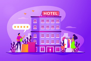 Woman buying clothes in hotel. Hotel facilities. Tourists rating accommodation. Boutique hotel, ultra-personalized service, high-end residential concept. Vector isolated concept creative illustration