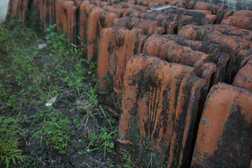Row of the remaining Traditional Vintage Red Clay Roof Tile in the Village_3