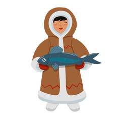 Eskimo girl with fish. Vector graphics isolated on white background.