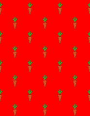 Hand drawn carrot seamless pattern painting. Ink botanic, vegetable  illustration on red background. Postcard, wallpaper, fabric, poster design.