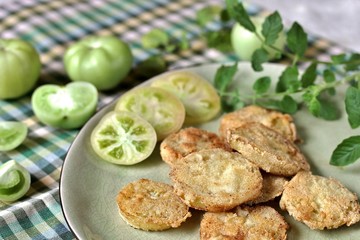 with fried green tomato. close-up. autumn dish. popular in America