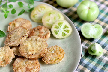 with fried green tomato. close-up. autumn dish. popular in America