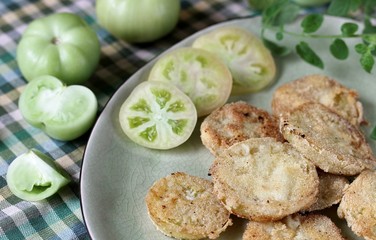 with fried green tomato. close-up. autumn dish. popular in America