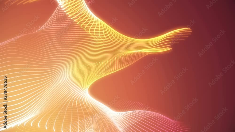 Poster 4k glowing dots surface. wavy structure .glow particles. floating waves effect. chaotic motion. geom