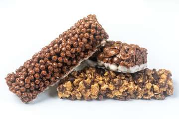 Three Varieties of Chocolate Breakfast Bar on white background. Shallow Depth of field