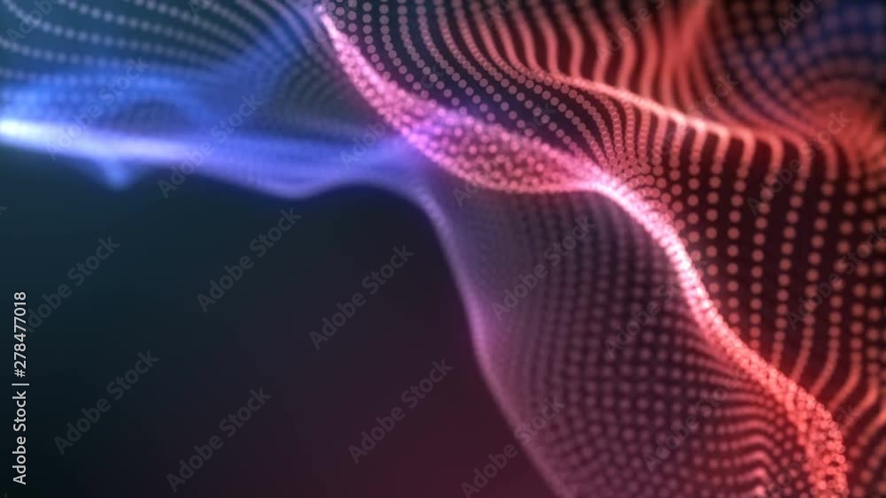 Poster abstract loopable wavy blue and red background. flow of glowing neon particles. cg animation. sci fi