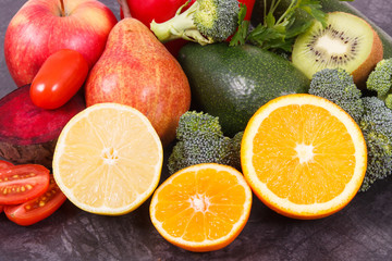 Fruits with vegetables, nutritious dessert containing minerals and vitamins