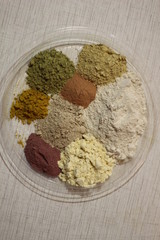 Mixture of different powders. Different colors, on one plate