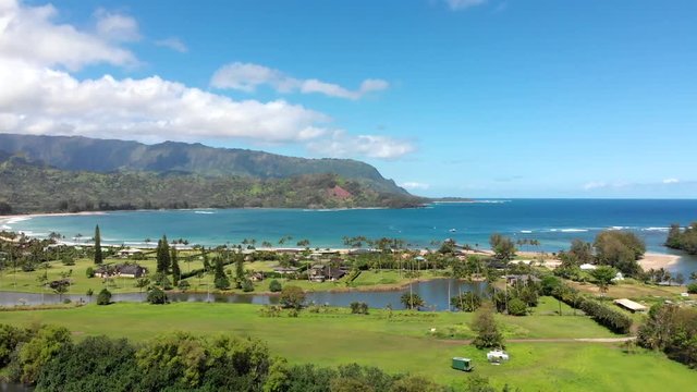 Aerial Dolly Movement over Hanalei Bay in Hawaii with Stunning Panoramic Views.