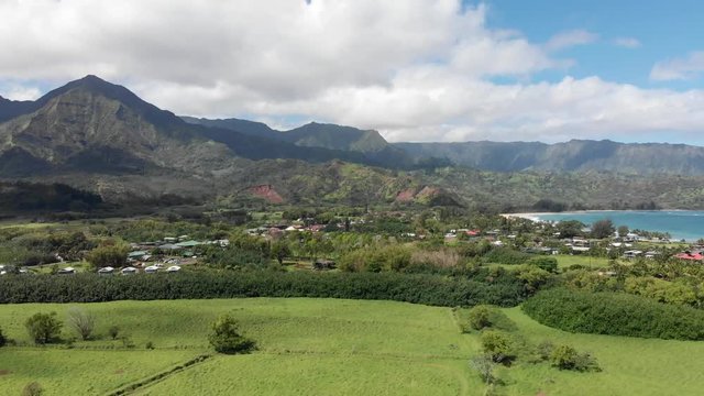 Aerial Dolly Movement over Hanalei Bay in Hawaii with Stunning Panoramic Views.