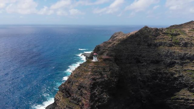 Version Two. Smooth Aerial Orbit of Makapuu Lighthouse and Rabbit Island with Beauitful Clouds and Ocean.