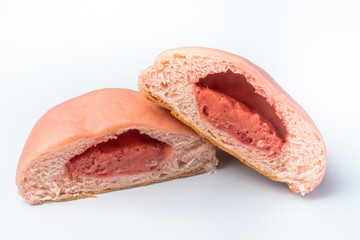 Japanese Snack - Pink Melon Pan on white background. Strawberry flavored