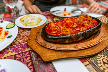 Turkish food on the table in the restaurant.