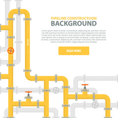 Industrial background with yellow pipeline. Oil, water or gas pipeline with fittings and valves. Web banner template. Vector illustration in a flat style.