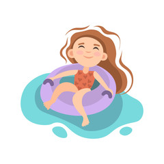 Summer kids activity - little girl sitting in inflatable mattress in swimming pool, sea or ocean. Summer swimming pool activity, holiday summer vacation. Girl in in inflatable mattress